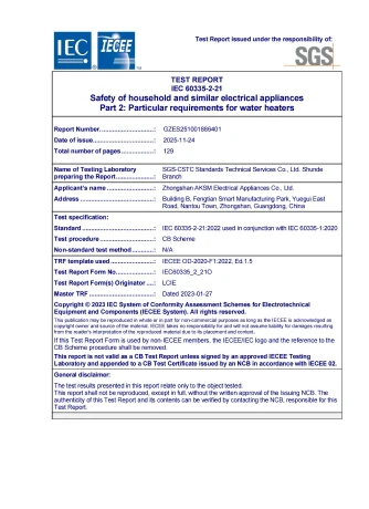 Test Report – Particular requirements for water heaters