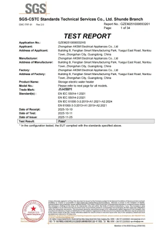Test Report – Storage Electric Water Heater