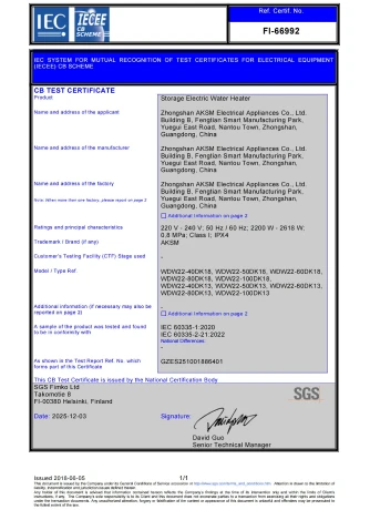 CB TEST CERTIFICATE – Storage Electric Water Heater