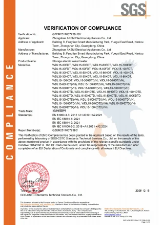 Verification of Compliance – Storage Electric Water Heater(2014/30/EU)